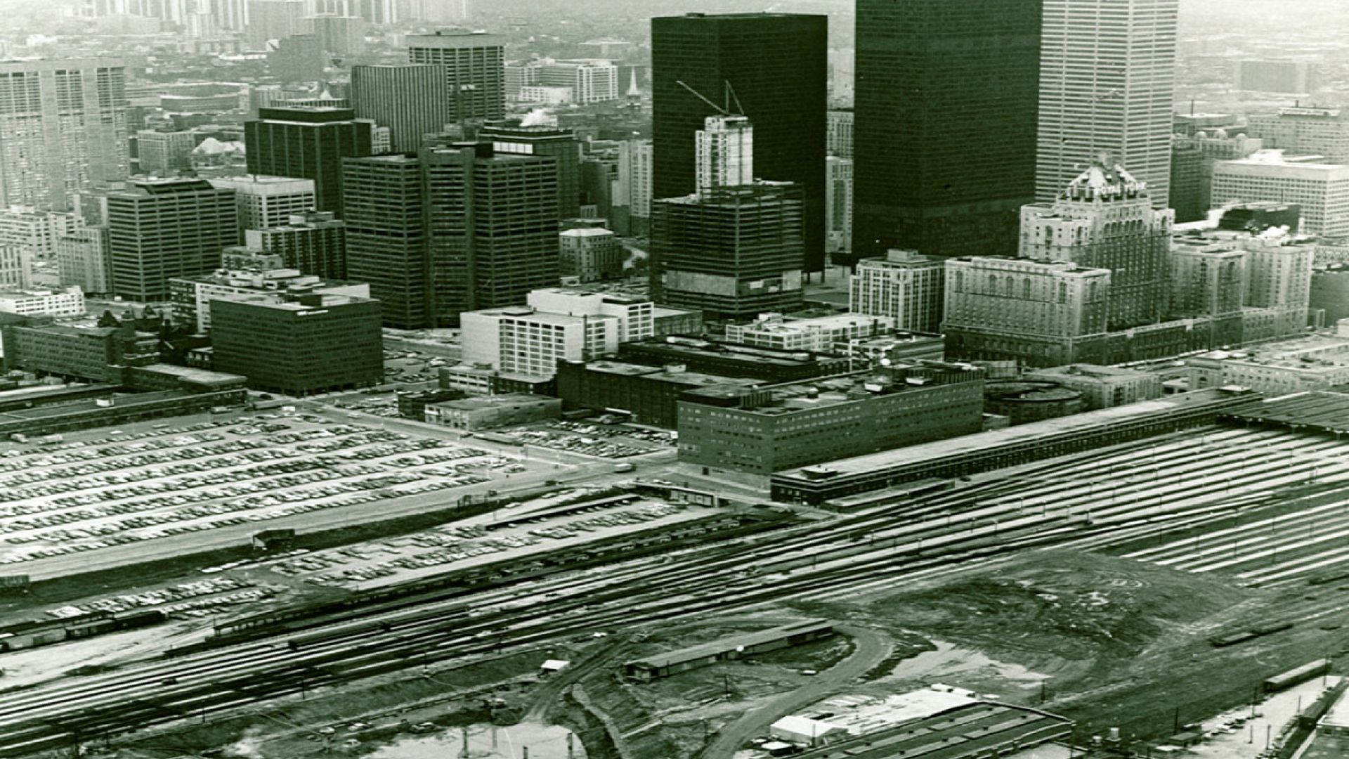 A bird’s-eye view of the construction site for the CN Tower, facing northwest, in March 1973.