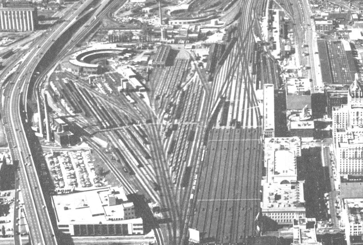 An aerial view of Toronto’s Railway Lands, looking west, in the 1960s.
