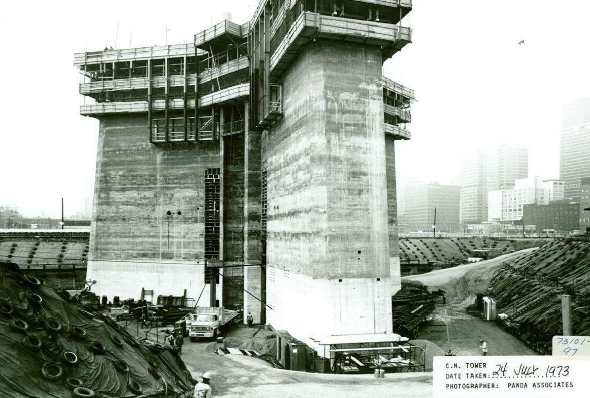 The base of the CN Tower is built higher in July 1973.