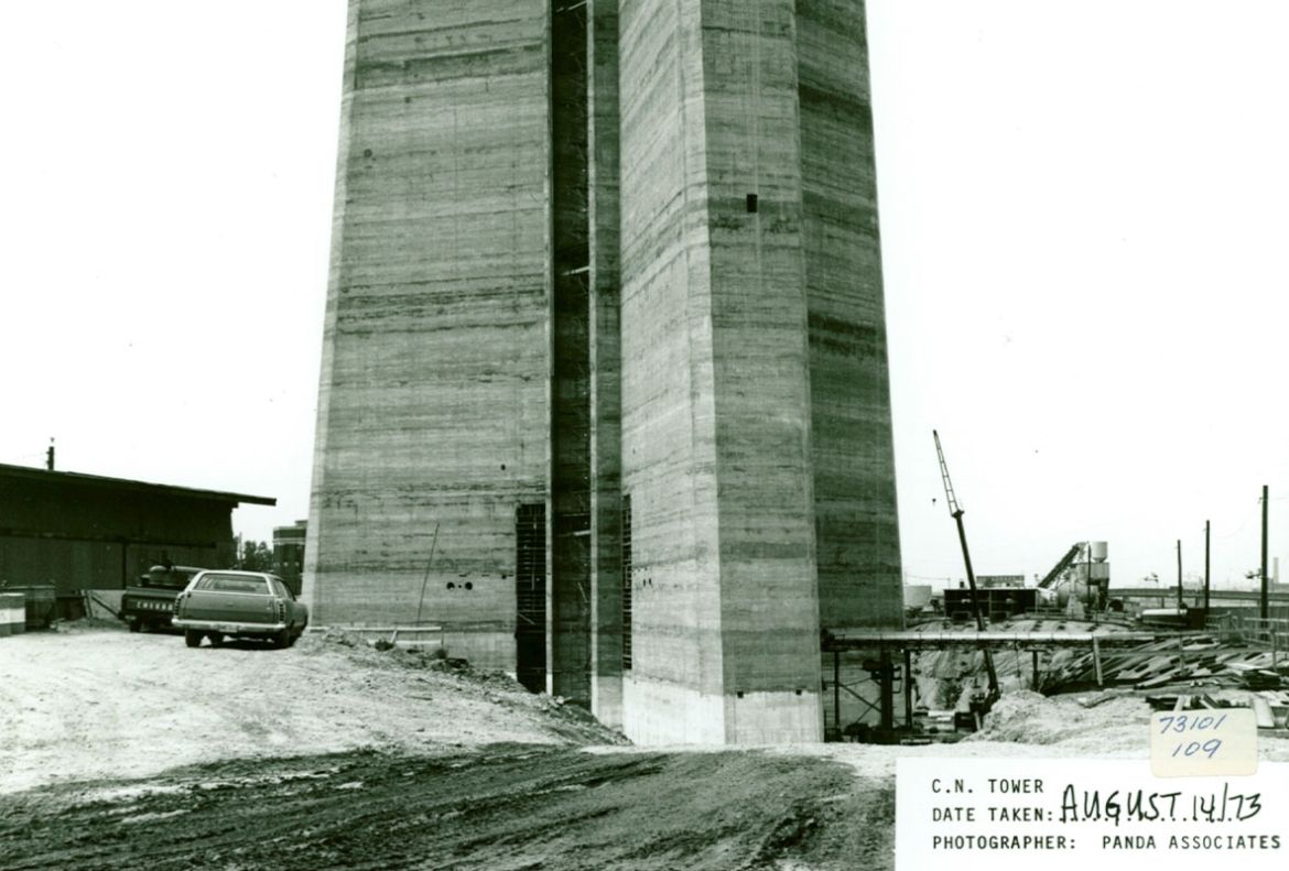 Construction continues on the CN Tower, with the base reaching a few storeys high in August 1973.