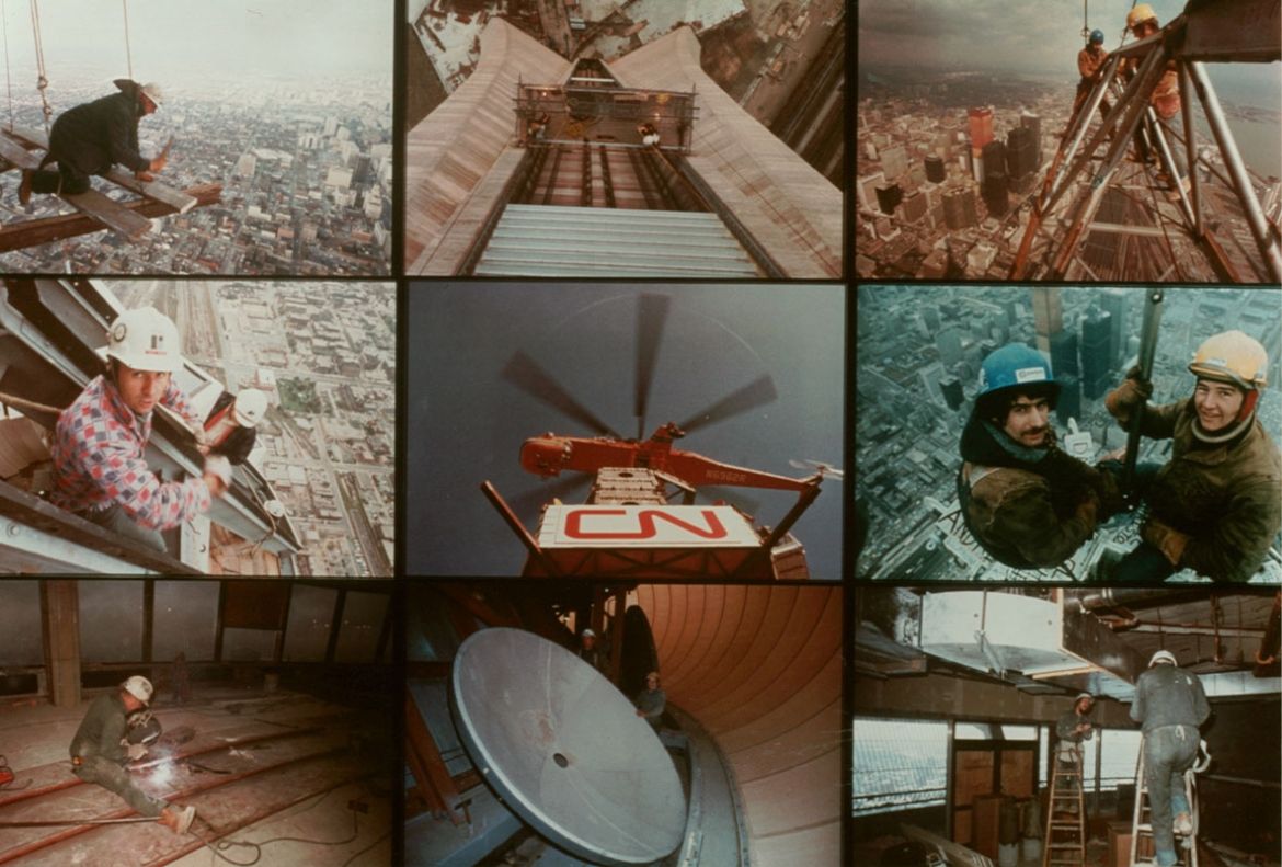 A collection of nine different photos taken from the final days of Tower construction, showing construction crews working on different aspects of the building in 1975.
