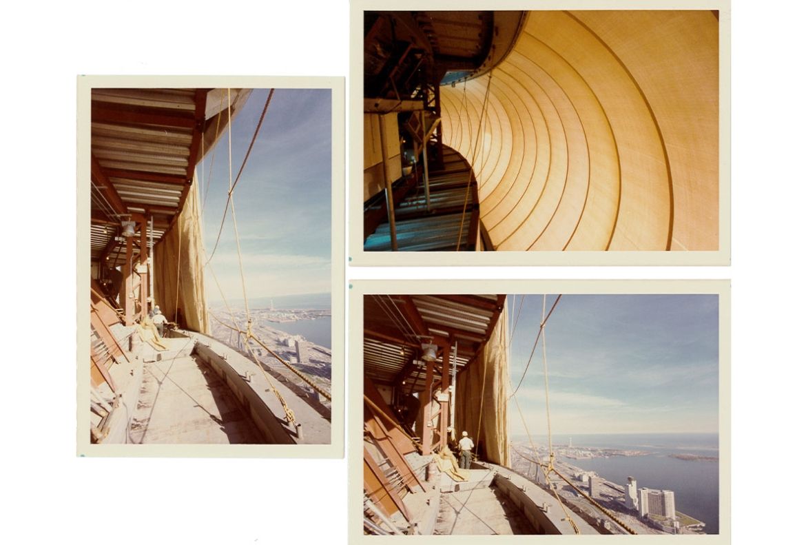 Three images of construction crews working on the interior of the Tower’s main pod in September 1975.