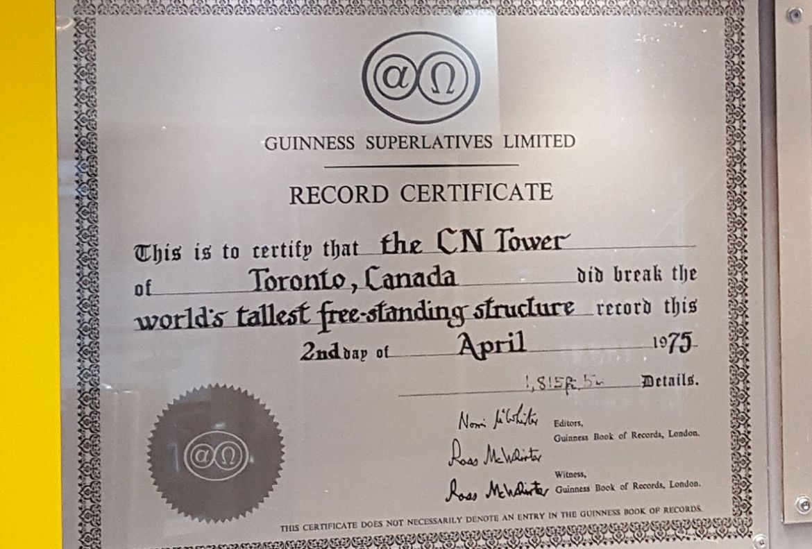 A certificate from Guinness World Records acknowledging that the CN Tower became the world’s tallest free-standing structure on April 2, 1975.
