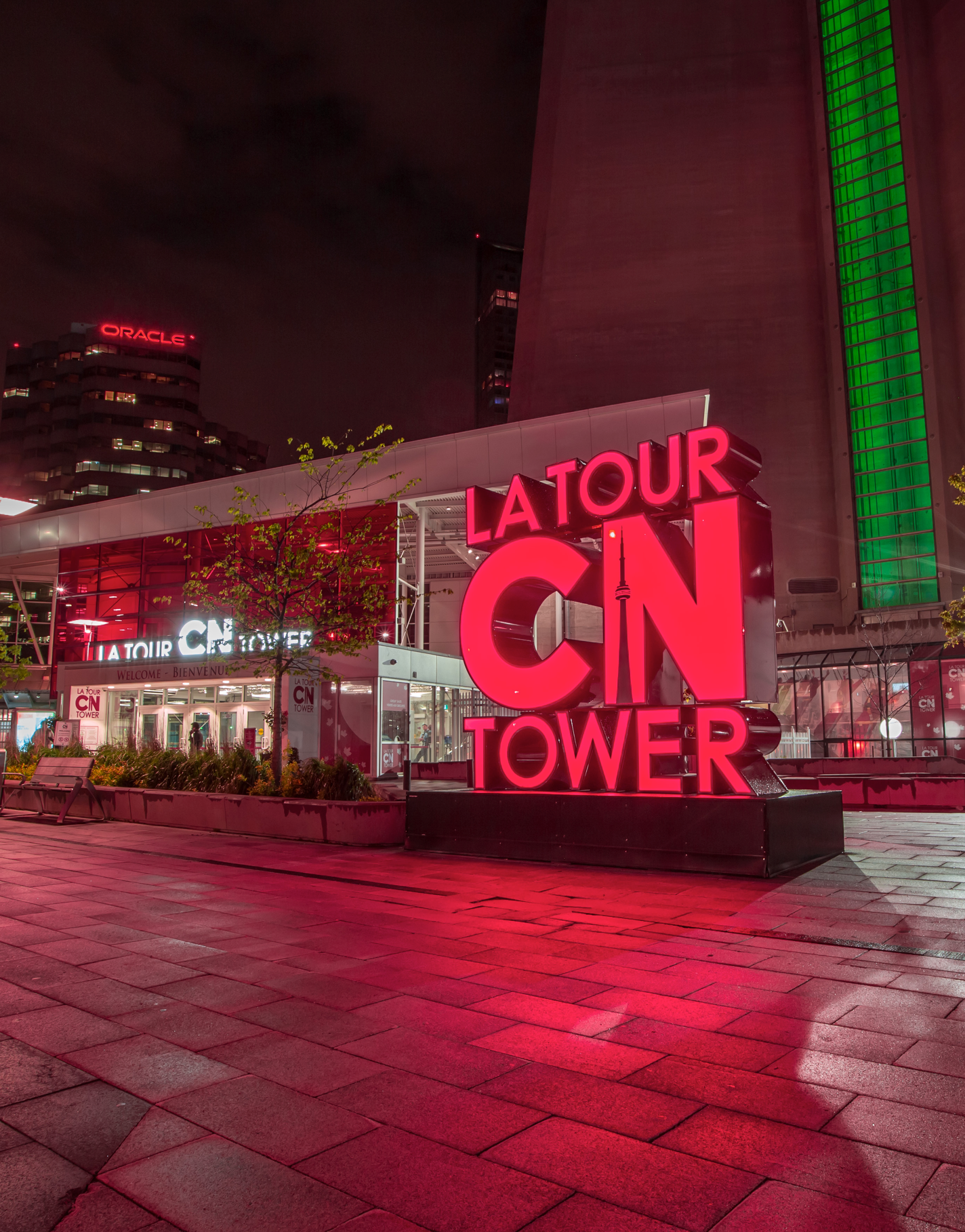 The CN Tower sign outside, at the base of the tower