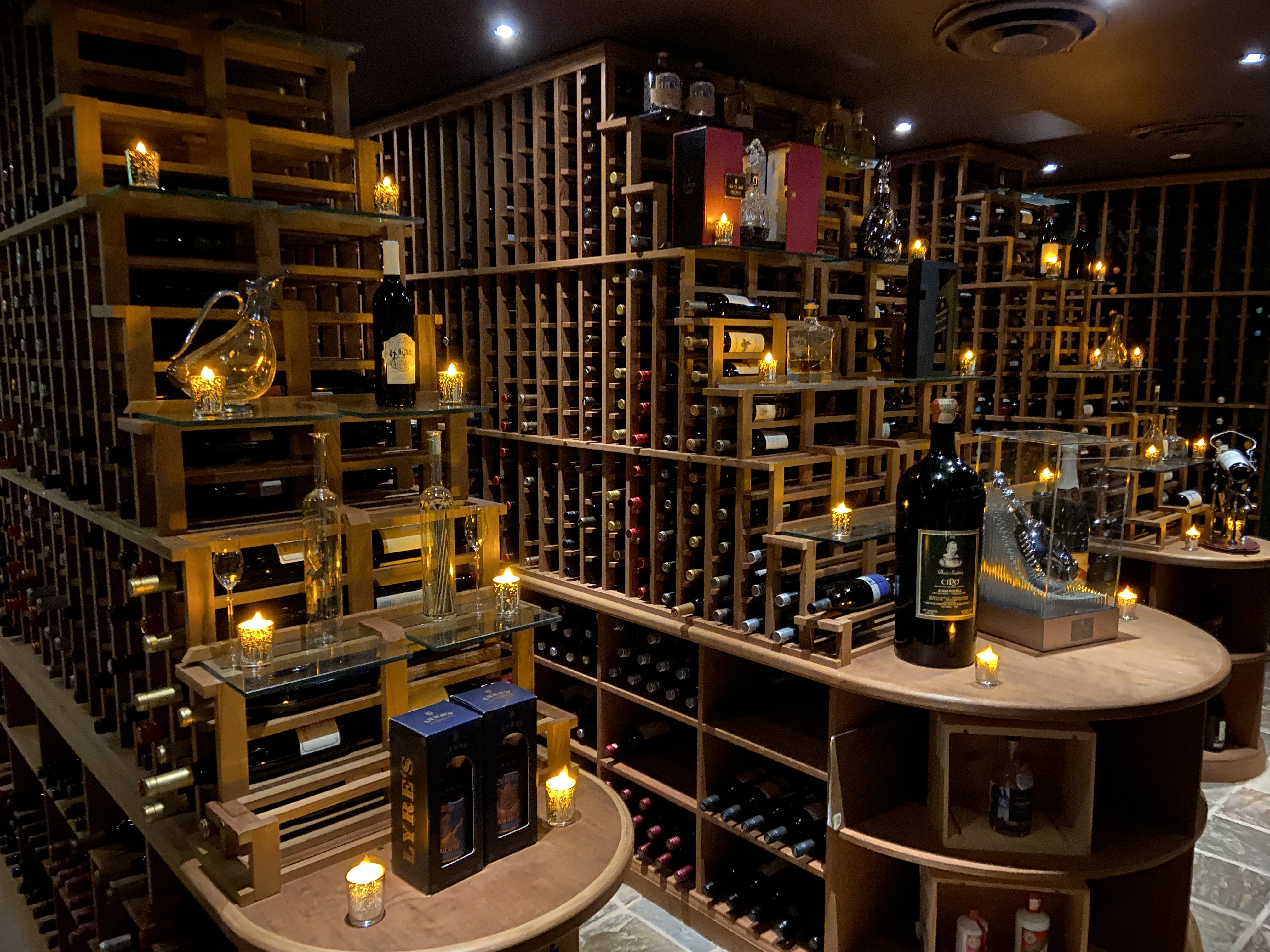 360 restaurant wine cellar interior at night