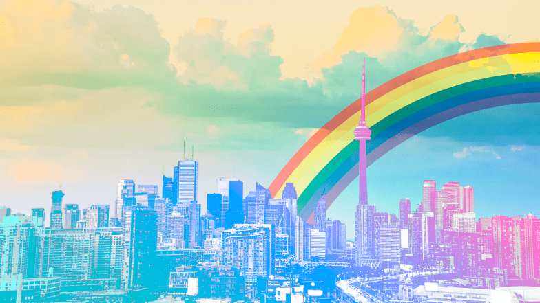 Toronto skyline including the CN Tower with a rainbow in the background and a rainbow overlay over the photo