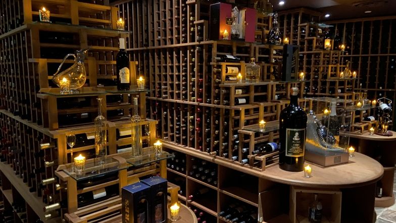 360 restaurant wine cellar interior at night