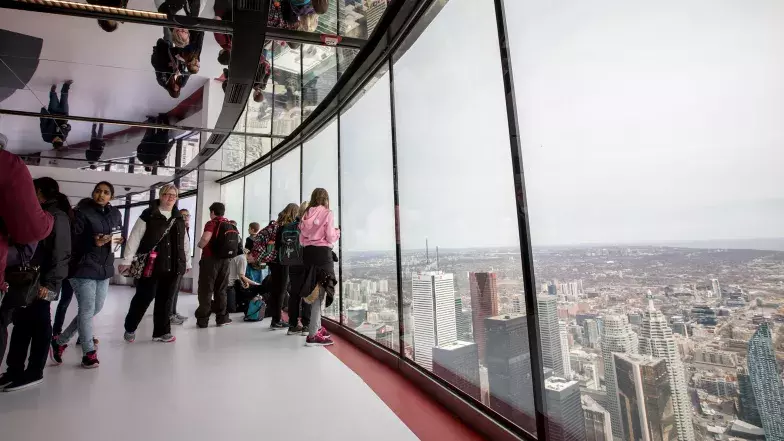 A group of young people by the window looking at the city