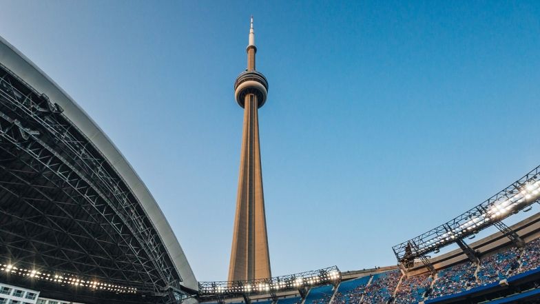 CN Tower as seen from Blue Jay's stadium with the roof open