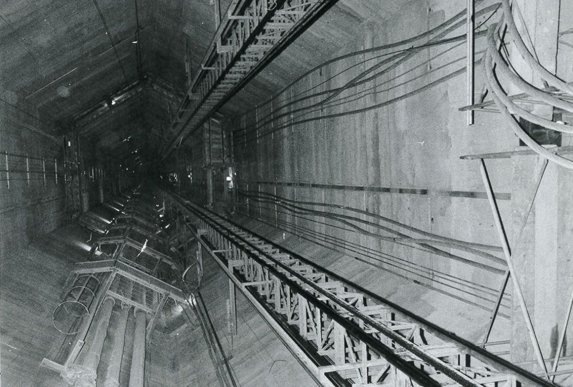 Looking up from inside the shaft of the CN Tower in May 1975.