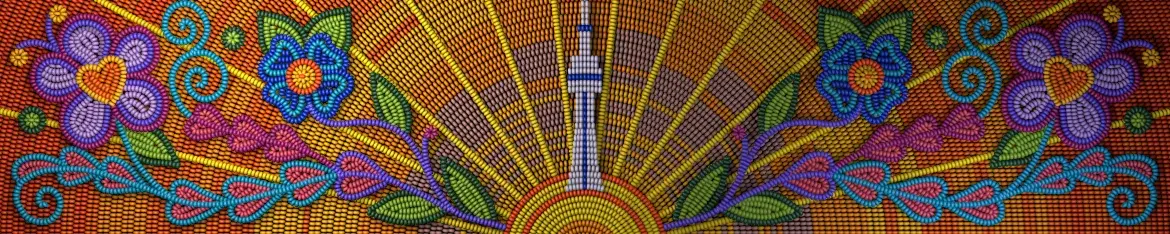Beadwork-style artwork featuring the CN Tower rising from a radiant sunburst, surrounded by symmetrical floral and vine patterns in vibrant colours.
