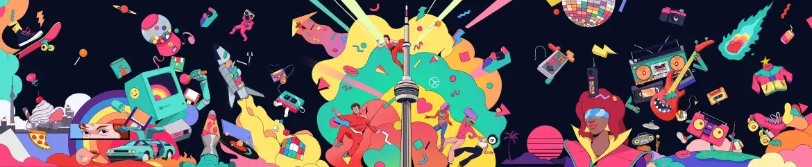 Retro-inspired digital illustration featuring the CN Tower surrounded by vibrant pop culture elements, music gear, retro technology, and dynamic abstract shapes.
