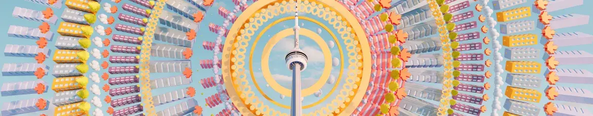 Symmetrical 3D-style scene of the CN Tower at the centre of circular city blocks and buildings, arranged in a colourful radial pattern with geometric detail.