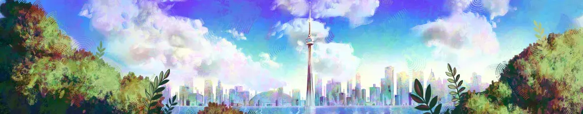 Stylized panoramic illustration of the Toronto skyline with the CN Tower at the centre, surrounded by lush greenery and clouds in a soft, pastel colour palette.