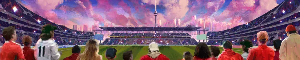 Digital illustration of a packed stadium with spectators in the foreground facing a soccer field, with Toronto’s skyline and the CN Tower rising in the background under a pink and purple sky.
