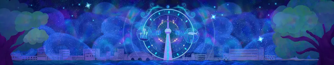 Dreamlike nighttime scene of the CN Tower surrounded by glowing circular patterns, stars, and a stylized cityscape in calming blue and purple tones.